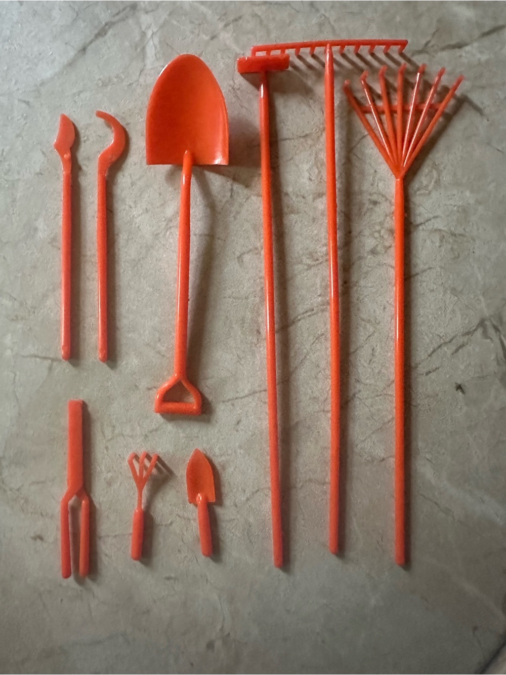 1970’s Barbie Gardening Tools complete set mint condition rake shovel trowel